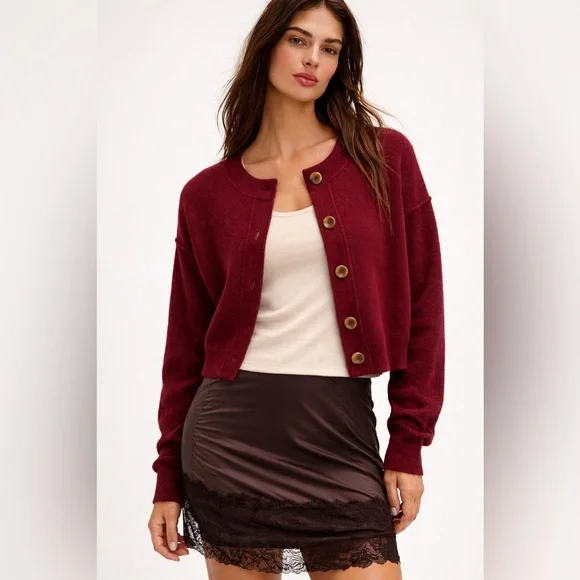 Free People Lila Waffle Knit Cashmere Cardigan Cherry Red Button Large - Picture 2 of 8